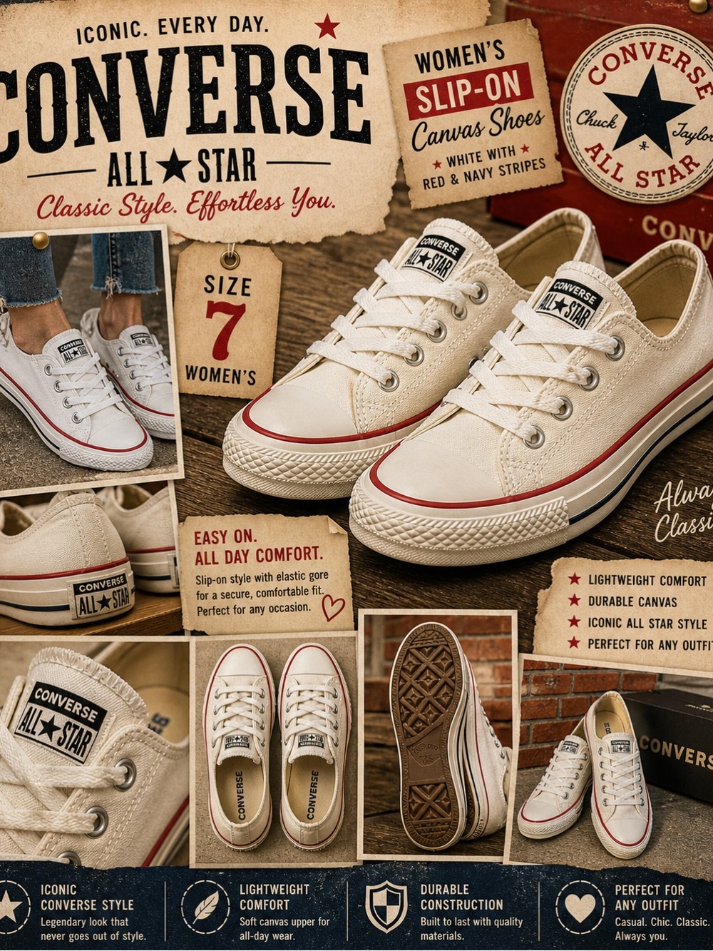 Converse Kids Canvas Low Top Sneakers in Cream with Red & Navy Trim